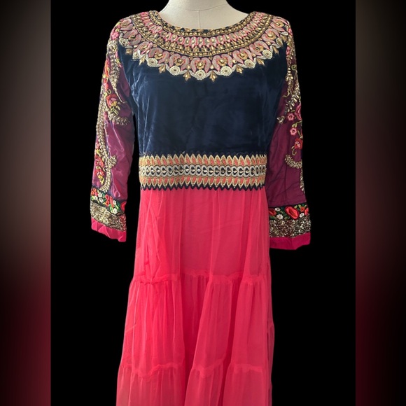 Raspberry Long Anarkali Dress with Floral Aari Embroidery and Velvet Bustier - Picture 5 of 12